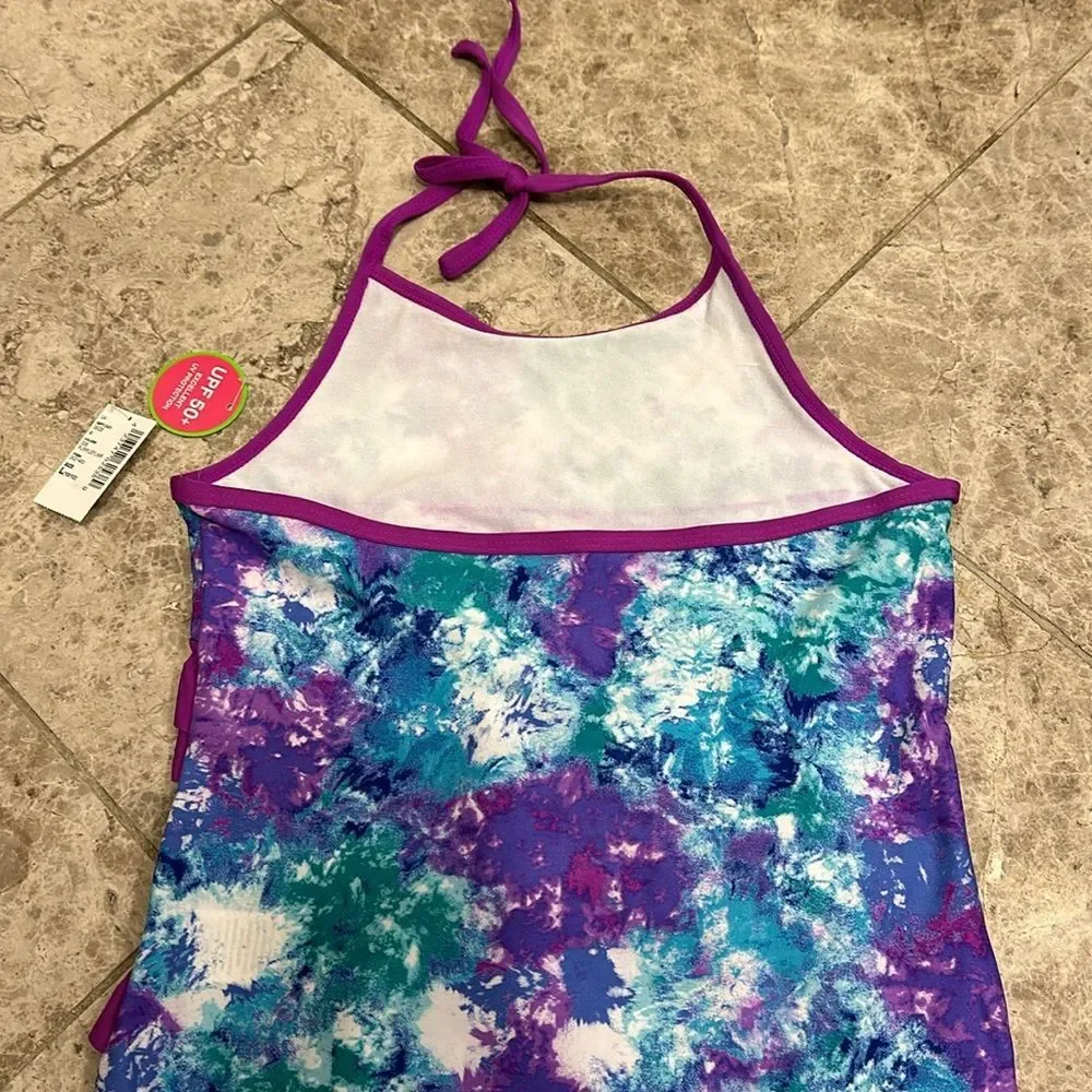 The Children’s Place Purple Ruffle Tie Dye One Piece Halter Swimsuit NEW Large